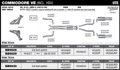 Commodore VE V8 Ute Dual 63mm Cat Back System