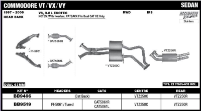 Commodore VT - VZ V6 / V8 63mm Dual Cat Back System